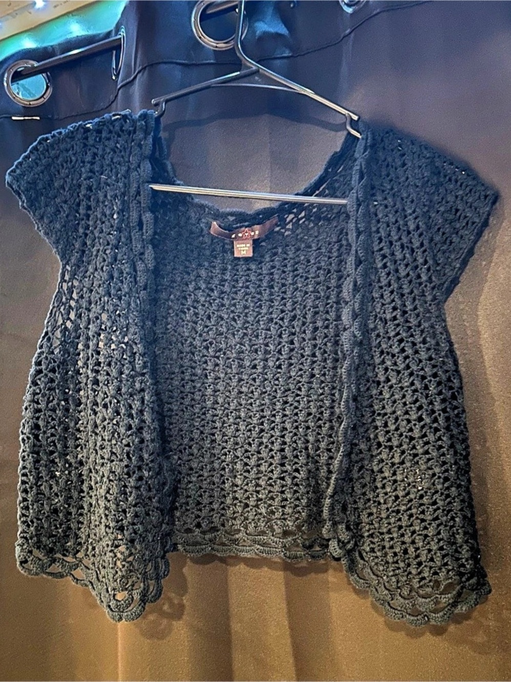Fever Y2K, boho/bohemian, Crochet Knit Top in Black Size Medium